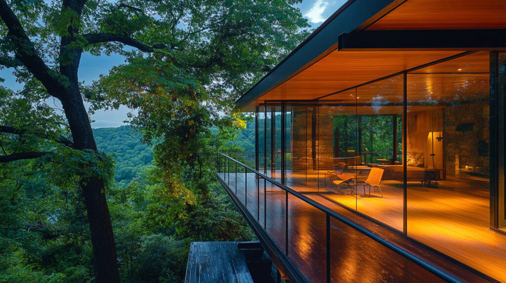 A luxurious treehouse with glass walls overlooking a lush forest.