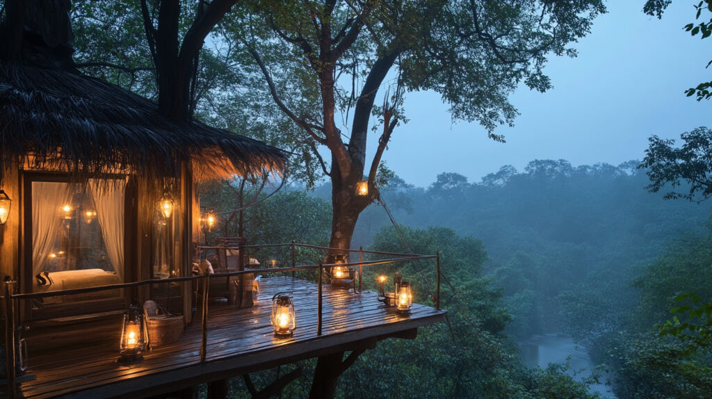 A romantic treehouse with a candlelit deck overlooking a serene forest.